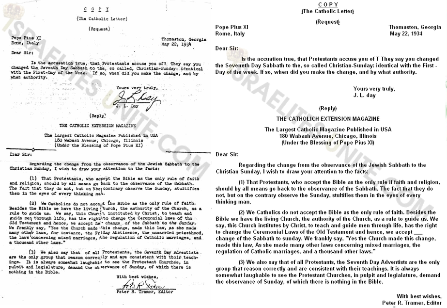Actual Letter of Catholic Church Admitting Changing The Sabbath to Sunday