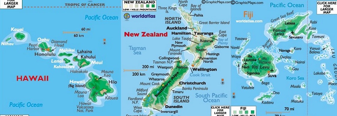 Hawaii, New Zealand, and Fiji Map